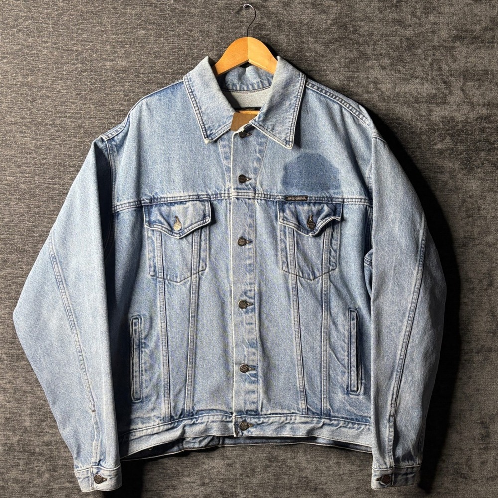 Harley-Davidson Vintage Denim Trucker Jacket Light Wash Embroidered Logo Large